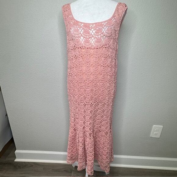 Vintage J.M. Pink Hand Crochet Blush Pink Dress and Cardigan Sz Large - Picture 10 of 16